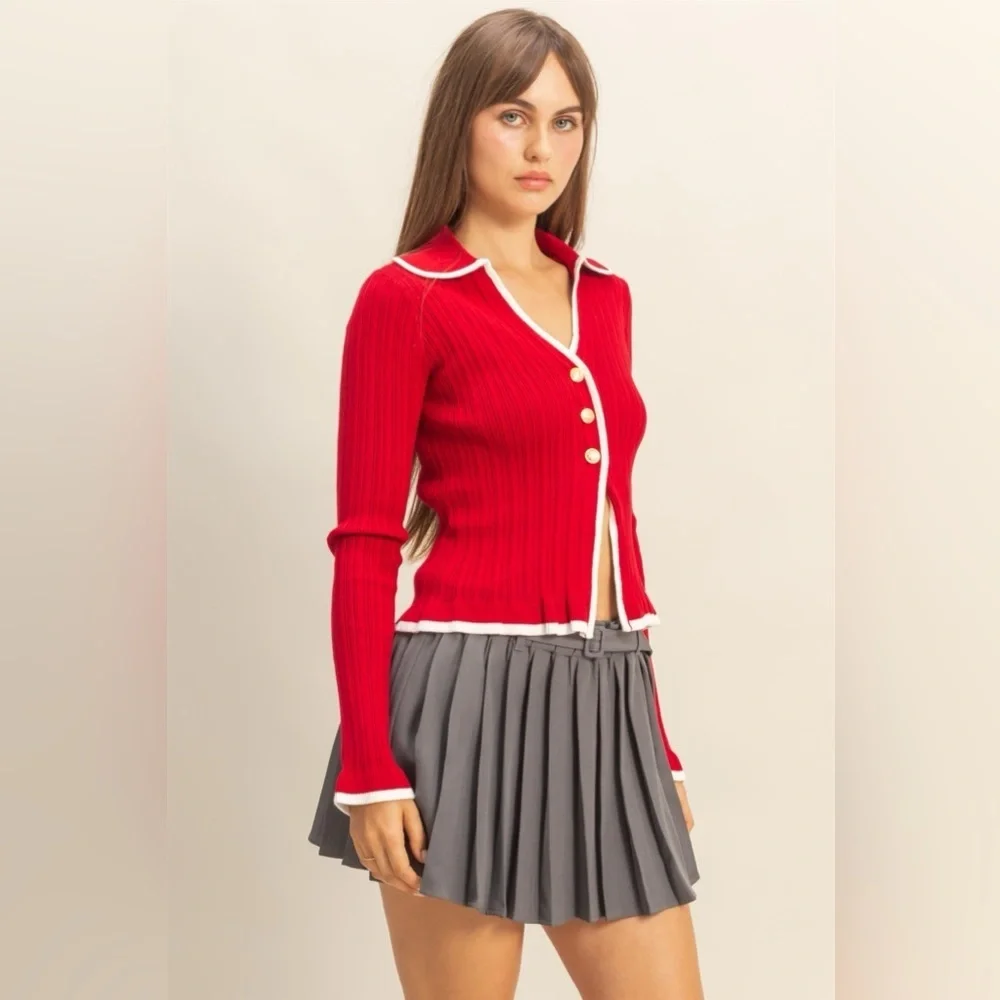 NEW HYFVE Red Ribbed Button Front Top w/ White Trim Coquette Size Medium
